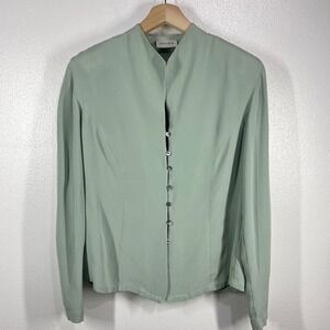 Vtg.Preview Collection Silk Button Down Top Long Sleeve Shoulder Pad Green Large